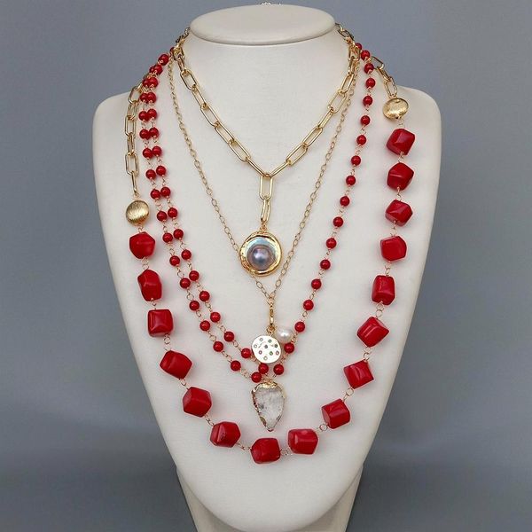 

red coral gold plated chain necklace mabe pearl quartz pendant 17" q1216, Silver