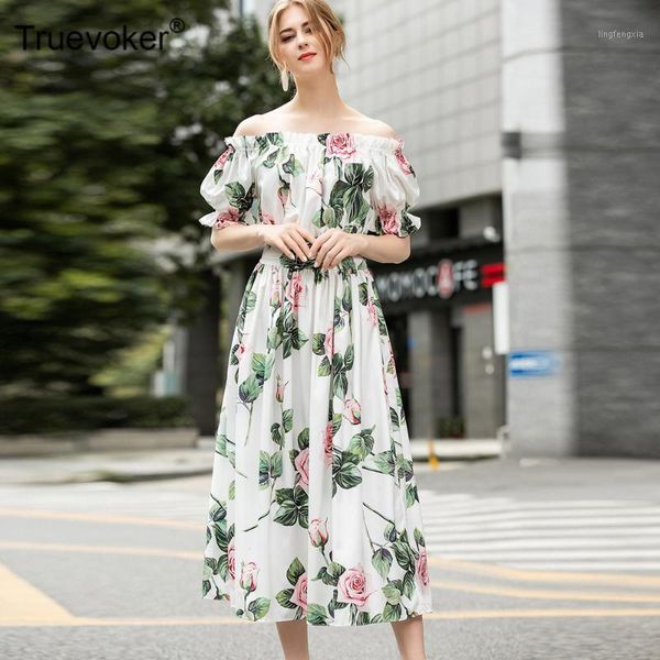 

truevoker summer runway holiday dresses women's elegant off the shoulder rose flower printed midi beach dress1, Black;gray