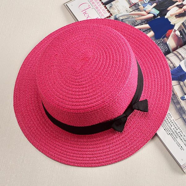 

wide brim hats female summer hat british retro bow princess curling straw dome flat roof beach sunscreen, Blue;gray