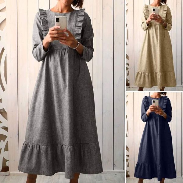 

casual dresses 2021 women mid-calf dress zanzea ladies ruffle vestidos solid sundress oversize 5xl spring autumn long sleeve robe femme, Black;gray