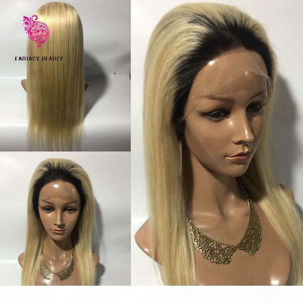 

blonde full lace wig 130% density glueless full lace wigs with baby hair 1b#613 brazilian blonde human hair wig dark roots, Black;brown