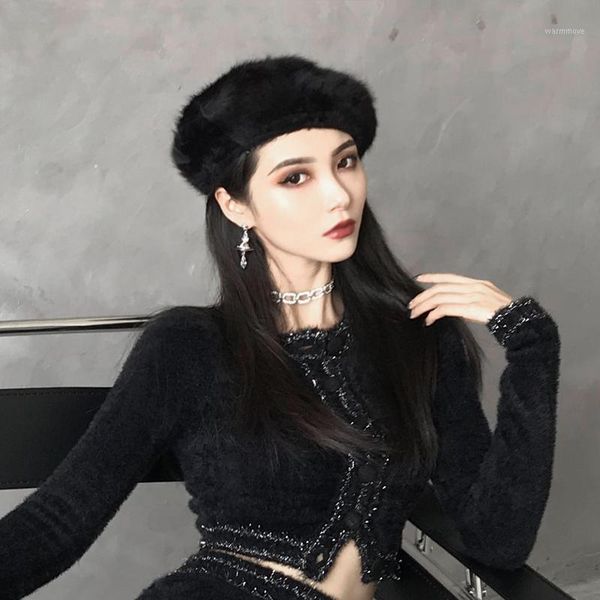 

Ruibbit New Arrival Japanese Gothic Girl Punk Black Furry Berets Hat Harajuku Woman Casual Caps Fashion Hats1, Blue;gray