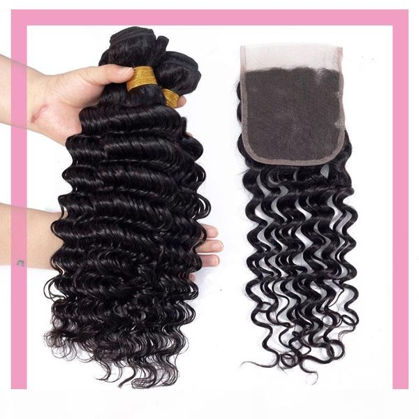 

peruvian mink human hair 3 bundles with 4x4 lace closure deep wave curly 4 pieces lot hair extensions 8-28inch, Black;brown