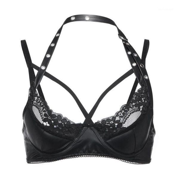 

bras steampunk bra women lace open bust halter vinyl leather push up bralette erotic lingerie underwear female costume1, Red;black