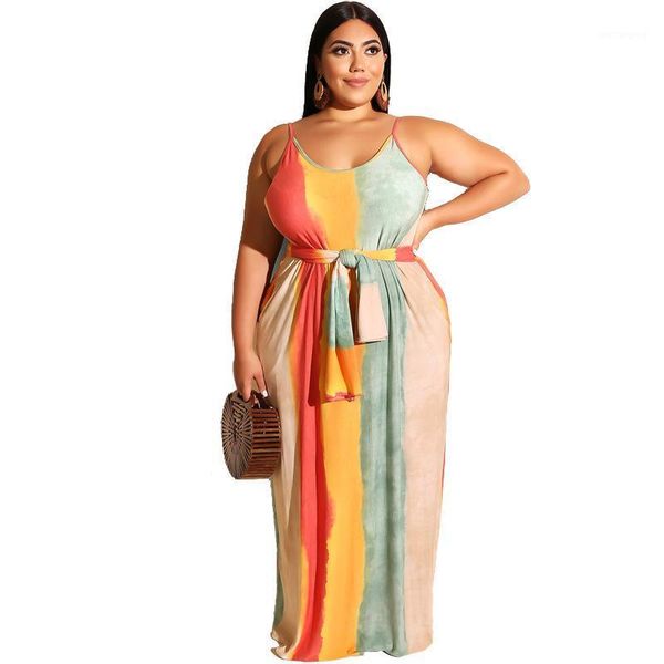

summer casual style women's fashion print dress large size striped loose sleeveless spaghetti strap sling dress with belt1, Black;gray