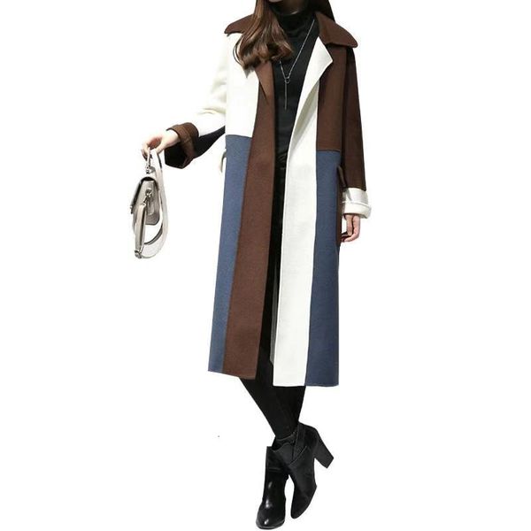 

new autumn and winter long loose large size stitching was thin over the knee straight women's woolen coat, Black
