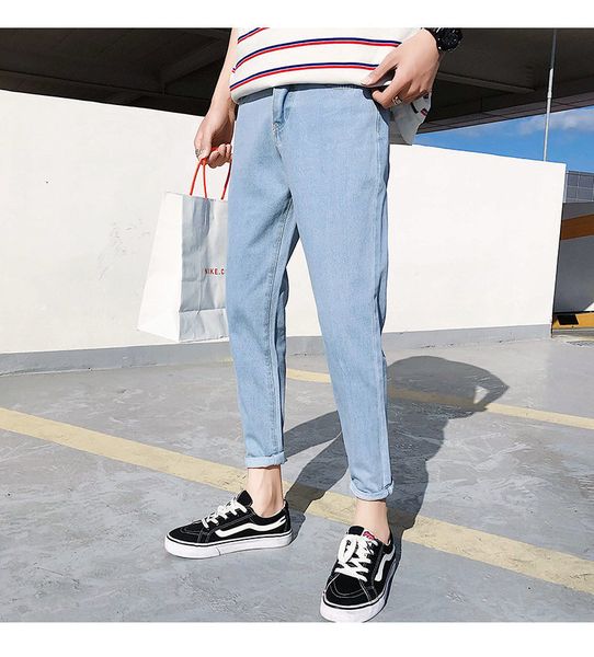 

new 2020 men's ankle length casual washed hip-hop pants feet brand straight slim jeans, Blue