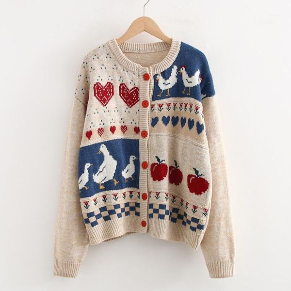 

japan style sweet duck and jacquard sweater cardigan harajuku mori girl retro jacket coat women knitted cardigan outwear1, White