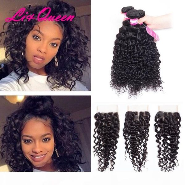 

human hair weaves closure deep wave 4x4 lace closure with 3 bundles natural color deep wave peruvian human hair from li&queen hair, Black;brown