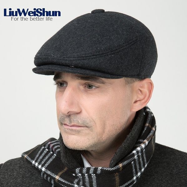 

liuweishun 2017 men winter wool beret hat flat thicken cap for old men retro earflap hats solid full closed chapeau hats bonnet y200110, Blue;gray