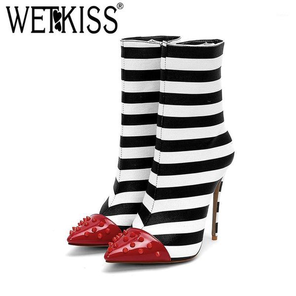 

wetkiss occident stripe women ankle boots zip pointed toe footwear party high heels female boot rivet fashion shoes 2020 winter1, Black