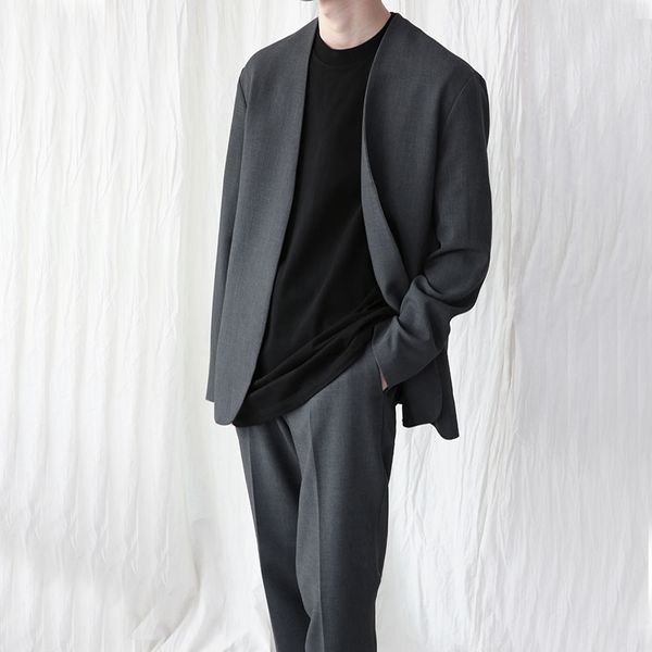 

2021 new trend korean version of male casual with no collar small is cute thin two-piece suit nun3, White;black