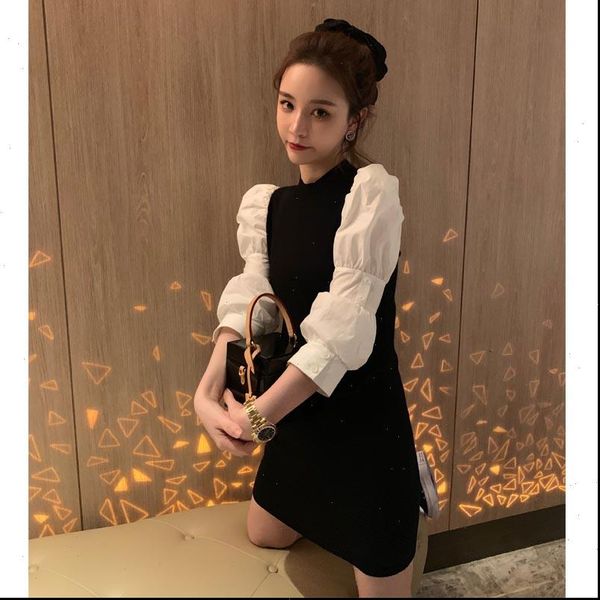 

trend colorblock long sleeve package hip mini dress sweet women loose casual puff sleeve pullover sweater dresses, Black;gray