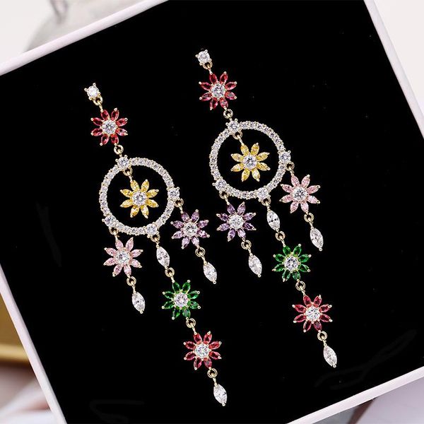 

multi color zirconia flower dangling stone long big tassel drop earring for women luxury cubic zirconia jewelry, Silver