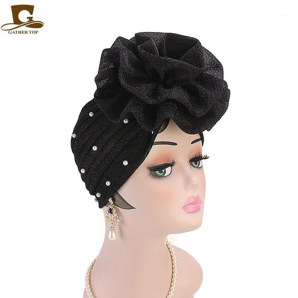 

2020 new style popular liangsi big flower turban hat pearl india cap muslim hat hijabs muslim islamic scarf scarves big flower1, Red