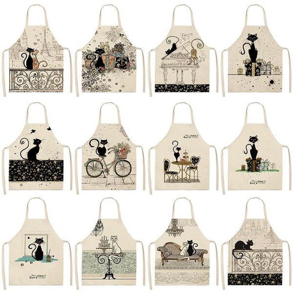 

black white cat letter kitchen aprons for women cotton linen bibs household cleaning pinafore home cooking apron 53*65cm wql0124