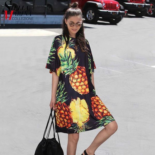 

2020 korean style summer women pineapple printing casual beach dress plus size black pink sundress cute midi dress vestidos 2163, Black;gray