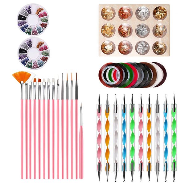 NAK001 Kit di strumenti per nail art con unghie da 15 pezzi Pennelli per pittura Penna per punteggiare Set di adesivi per stagnola Nastro per manicure Colore strass