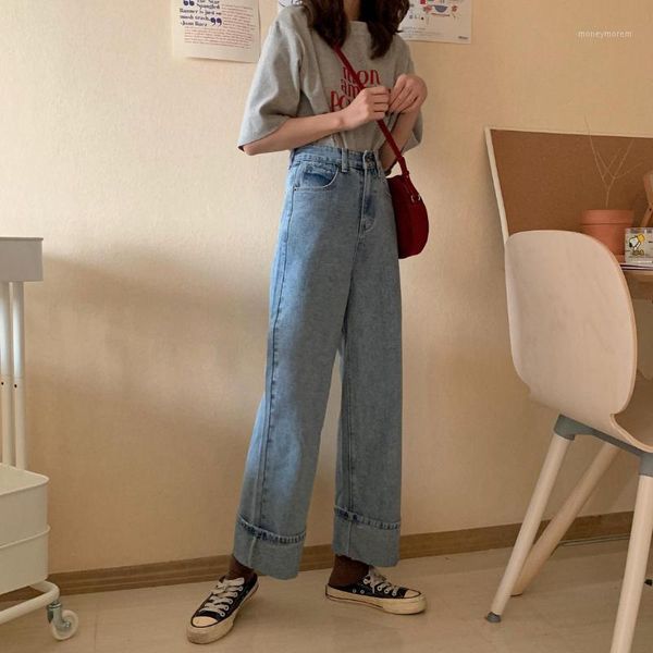 

make firm offers han edition loose wide-legged joker tall waist straight leg female edge jeans1, Blue