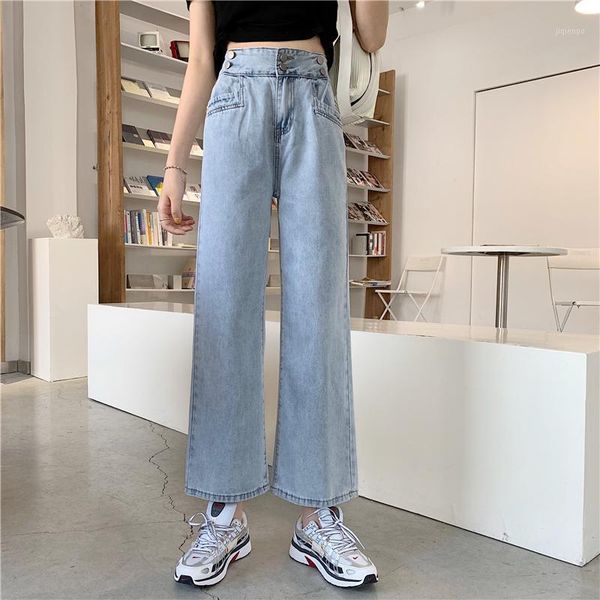 

women's jeans autumn korean style high waist all-match wide-leg straight-leg women thin loose trousers1, Blue