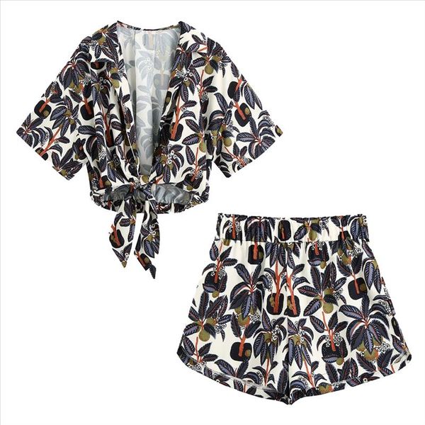 

2021 summer women two piece set printed knot shirt short sleeves amp; shorts high waist elastic waistband ensemble femme, Gray