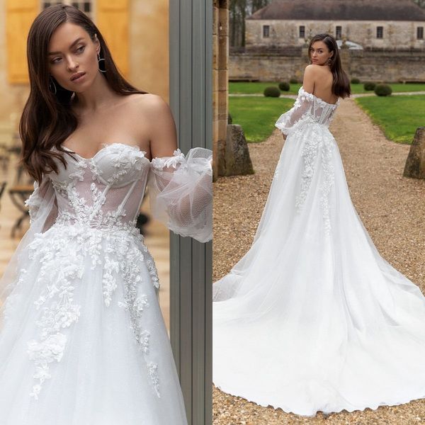 

2021 white a line wedding dresses lace applique corset back tulle bridal gowns bohemian wedding dress