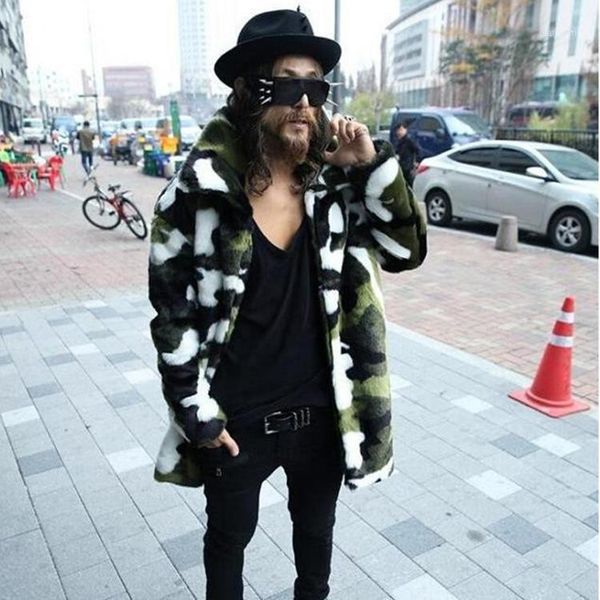 

mens winter new faux fur coat long section warm camouflage jacket mens casual turn-down collar man-made fur coat outswears d6201, Black
