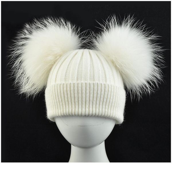 

baby winter hats child warm crochet beanie kids warm girls boys lovely wool hat real raccoon fur two pom jllztk