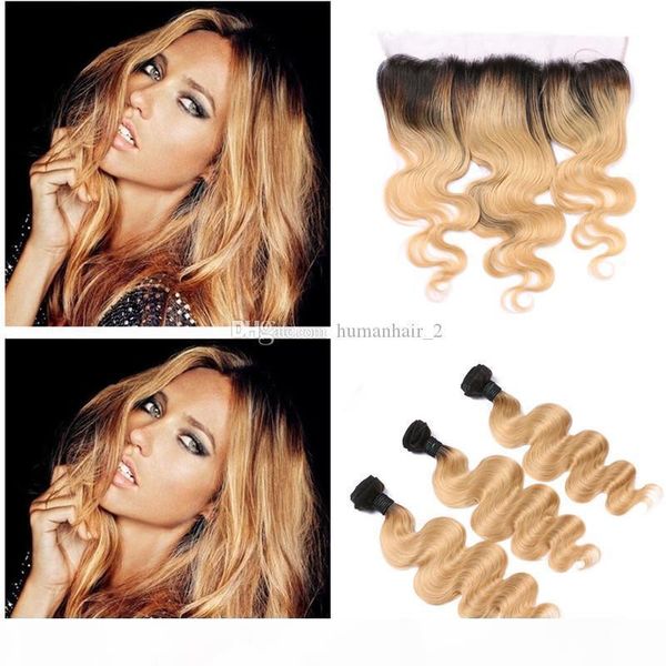 

two tone colored 1b 27 honey blonde body wave human hair weave with lace frontal closure peruvain virgin hair with lace frontal closure, Black;brown
