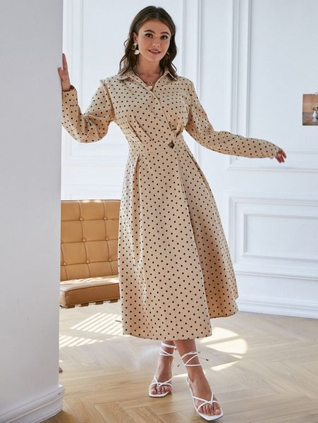 

simplee plus polka dot print single button plicated dress 99sq#, Black