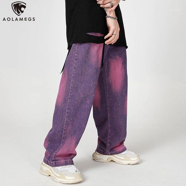 

aolamegs jeans men tie dye vintage trousers denim pants men casual harajuku high street straight baggy jeans for streetwear1, Blue