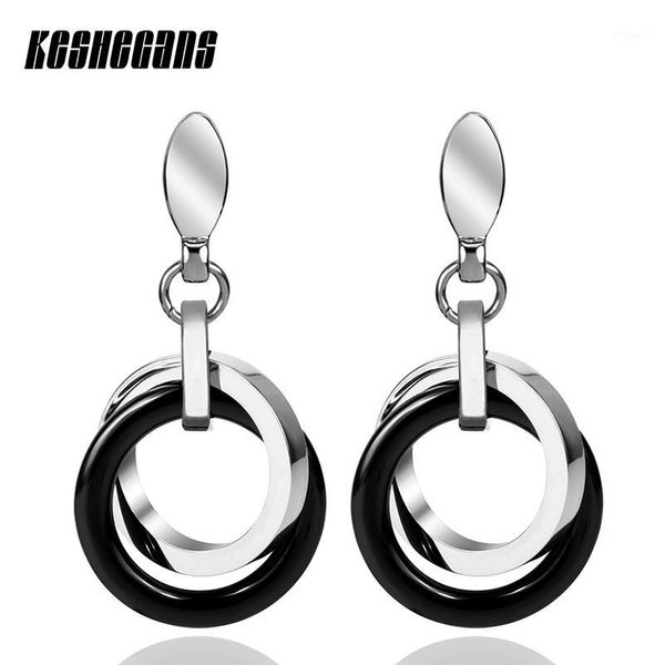 

dangle & chandelier women double round circle earrings ceramic steel drop earring black color elegant lady fashion jewelry girl wedding part, Silver