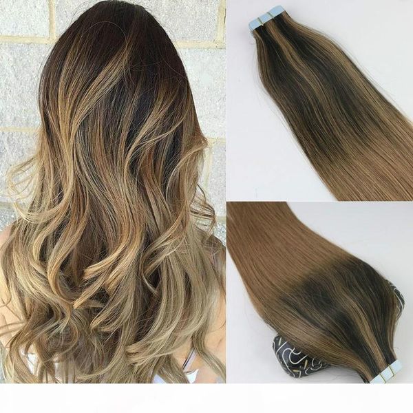 

100gram 40pcs tape in human hair extensions balayage ombre color brown brazilian virgin hair seamless pu skin weft, Black