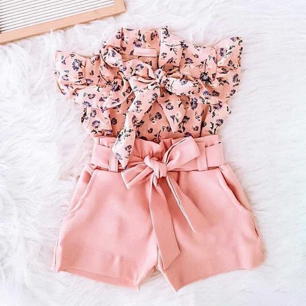

baby girls clothes sets 2021 sweet summer kids suit floral short sleeve bow shorts 2pcs outfit children clothing 1-5y, White