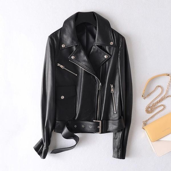 

black motorcycle jacket women genuine lambskin real leather coat ladies short overcoat streetwear autumn female clothes1