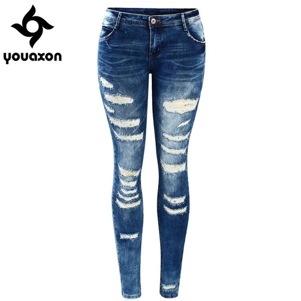 

2045 youaxon women`s fashion blue low rise skinny distressed washed stretch denim jeans for women ripped pants 201105