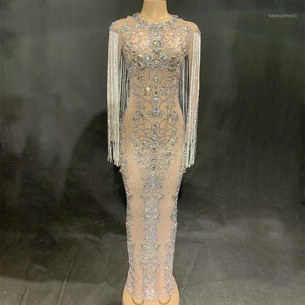 

sparkly crystals mesh long dress women evening party rhinestones dresses birthday celebrate outfit long sleeve fringes vestidos1, Black;gray