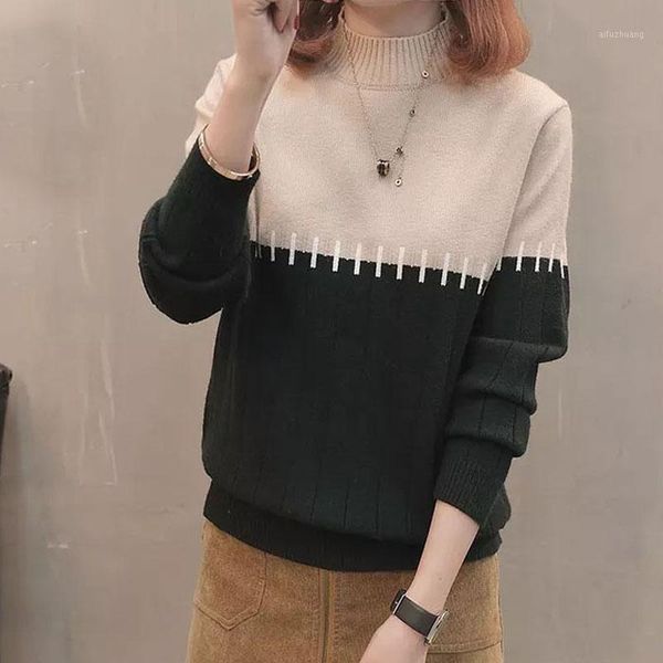 

lucyever thick pullover women sweater half turtleneck patchwork elastic winter knitted jumper long sleeve loose korean girls, White;black