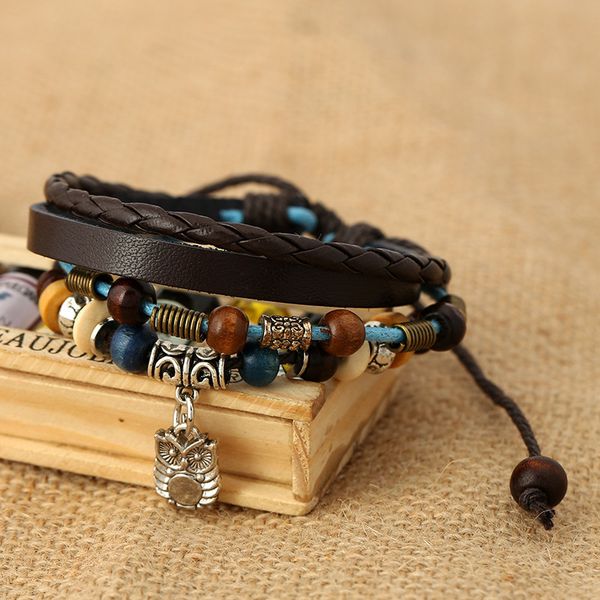 

leather fashion women jewelry owl casual alloy personality beaded hemp rope vintage punk bracelet men bb048, Golden;silver