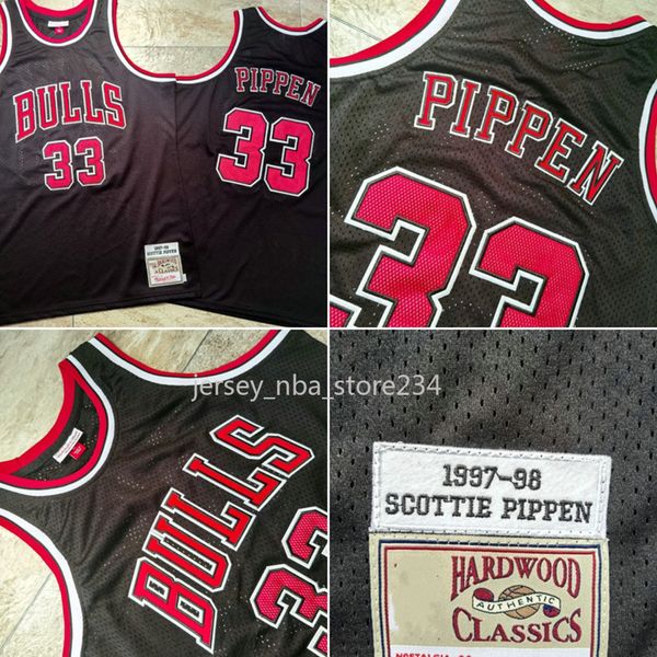 

men chicago bulls scottie pippen 97-98 mitchell ness retro black dense embroidery jersey, Black;red