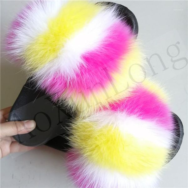 

slippers real fur women fluffy shoes furry slides plush sandals beach raccoon flip flops 35-45 home slider1, Black