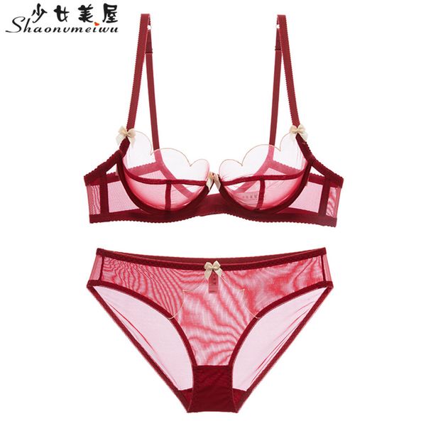 

shaonvmeiwu french slim cup temptation lace gauze natal lingerie bra set bra no sponge comfortable breathable c1212, Black;white