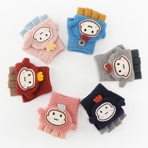 

cute children's knitted gloves for autumn and winter warmth and velvet thickened finger flap antie gloves, Black