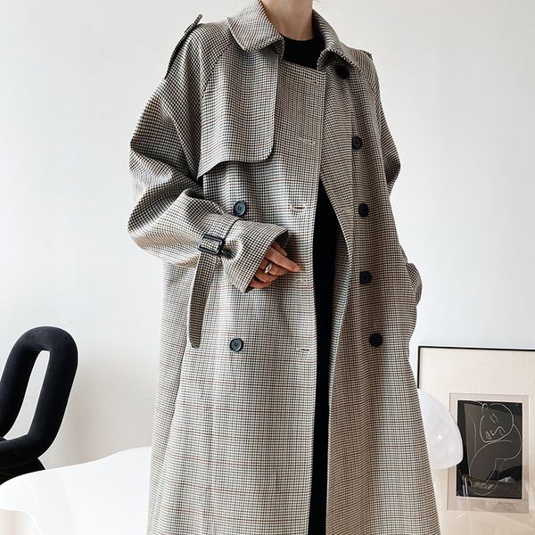 

[ewq] 2020 autumn winter fashion ladies overcoats korean plaid long sleeve double breasted trench coat windbreaker lj201128, Tan;black