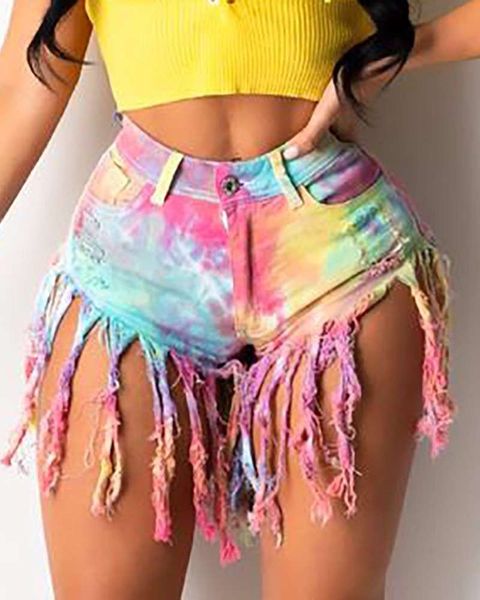 

tassel sanding tie dye imitation denim shorts women's jeans casual pants, Blue