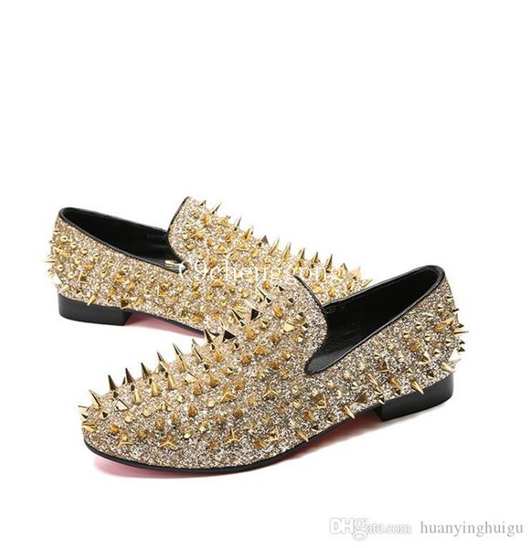 

2021 style fashion gold spiked loafers shoes men round toe sequins banque wedding shoes male slip on rivets men leather loafers h69, Black