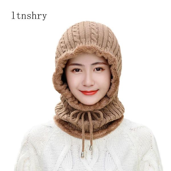 

2020 new simple woman skullies beanies riding windproof mask ear protect balaclava winter hats for women thick warm knitted cap, Blue;gray