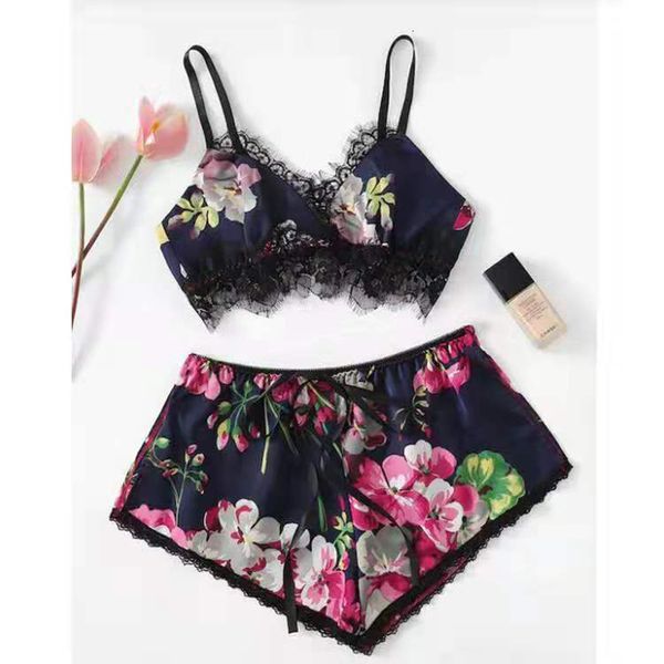 

lingerie print split pyjamas home two-piece lace sling pajamas set, Black;white