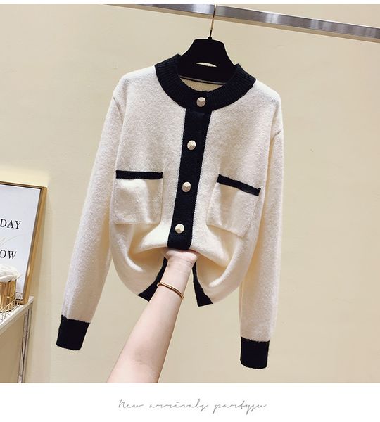 

2021 white and black women outerwear knitted sweater cardigans korean style fashion soft long sleeve single-breasted hit color casual coat, Black;brown