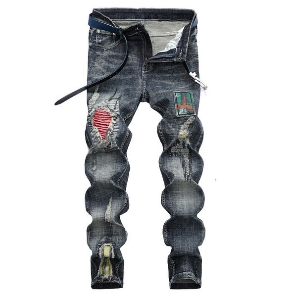 

denim designer torn jeans hole for man size 28-38 40 42 2020 autumn hip hop punk streetwear, Blue